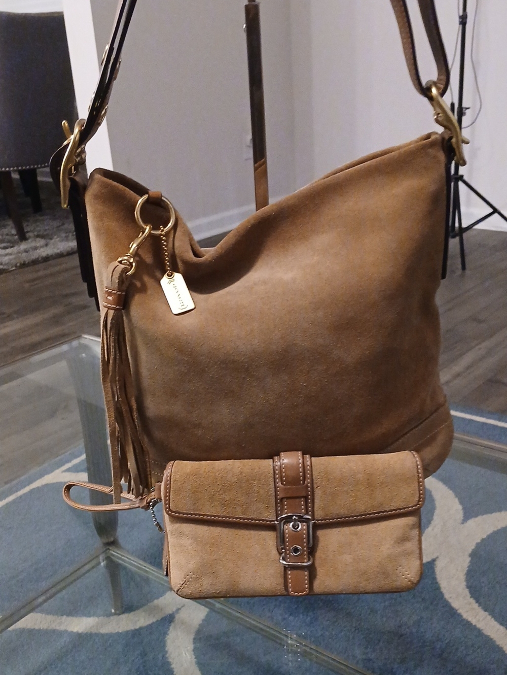 Coach Legacy Slim Suede Shoulder Hobo Bag With Tassel Charm And Wristlet